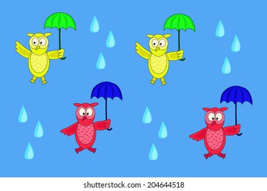 four colorful owls fly n umbels of drops