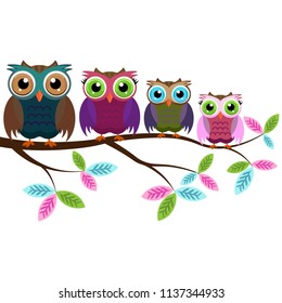 four colorful owls on a branch