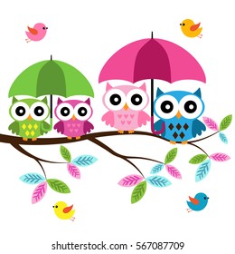 Four colorful owls with umbrella sitting on the branch and flying birds on a white background