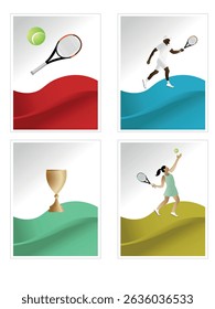 Four colorful panels showcasing tennis equipment, athletes playing, and the coveted championship trophy, capturing the excitement and competition of the sport