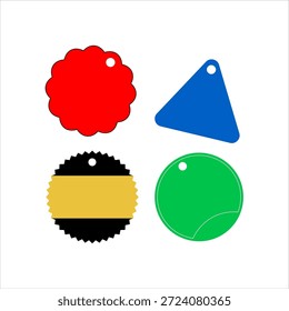 Quatro etiquetas de plástico colorido com diferentes formas e desenhos dispostos em um quadrado em um fundo branco.