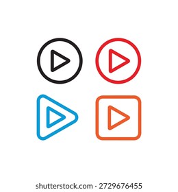 Four colorful play buttons in circular and triangular shapes on white background