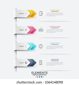 Four colorful pointers pointing at thin line icons and text boxes arranged into list. Concept of 4-stepped process visualization. Modern infographic design template. Vector illustration for brochure.