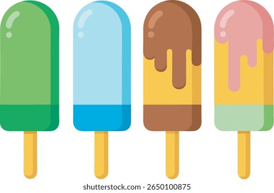 Four colorful popsicles with different flavors and toppings isolated on a white background	