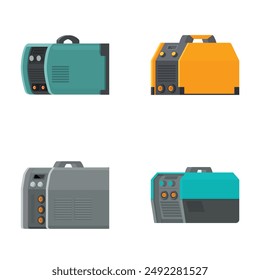 Four colorful portable generator illustrations isolated on a white background, suitable for various uses