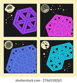 Four colorful posters featuring technical space debris against a backdrop of stars and planets. Vector set