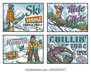 Vier farbenfrohe Poster, auf denen die Menschen Snowboarden, Skifahren und Snowtubing mit verschneiten Bergen im Hintergrund sehen. Winterplakat oder Schild für Wintersport