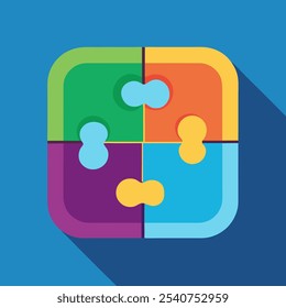 Four colorful puzzle pieces fit together perfectly, symbolizing teamwork, collaboration, and problem solving. This vibrant illustration represents the power of unity and shared success.