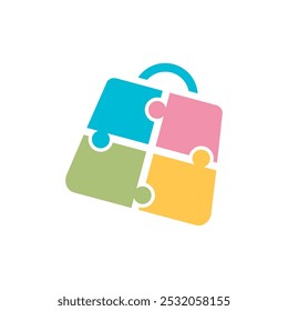 Four colorful puzzle pieces forming a shopping bag.