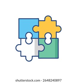 Four colorful puzzle pieces interlock, symbolizing teamwork and problem solving in a flat graphic style.
