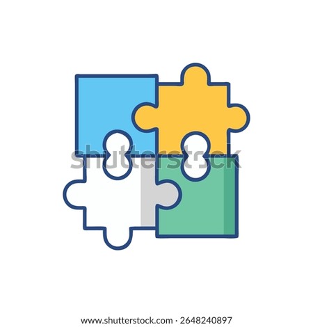 Four colorful puzzle pieces interlock, symbolizing teamwork and problem solving in a flat graphic style.