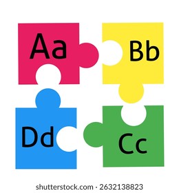 Four colorful puzzle pieces labeled with the letters Aa, Bb, Cc, and Dd, representing the alphabet in uppercase and lowercase