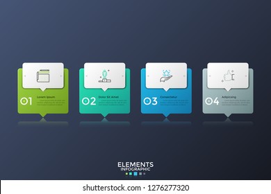 Four colorful rectangles with pointers or speech bubbles placed in horizontal row. Infographic design layout. Concept of 4 successive steps of business process. Vector illustration for presentation.