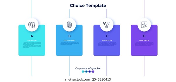Four colorful rectangular elements or cards placed in horizontal row. Concept of 4 features of business project. Corporate infographic design template. Simple flat vector illustration for banner.