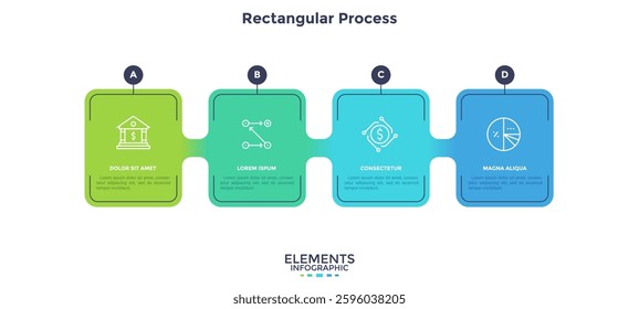 Four colorful rectangular elements placed in horizontal row. Concept of 4 steps of business development process. Simple infographic design template. Modern linear vector illustration for report.