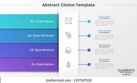 Four colorful rectangular elements or ribbons, linear icons and place for text. Concept of 4 business project features. Infographic design template. Vector illustration for website menu interface.