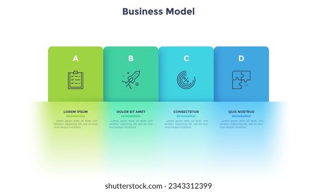 Cuatro elementos rectangulares coloridos, pictogramas de línea delgada, punteros y cuadros de texto. Concepto de modelo de negocio de vidrio con 4 pasos sucesivos. Plantilla moderna de diseño infográfico. Ilustración vectorial.