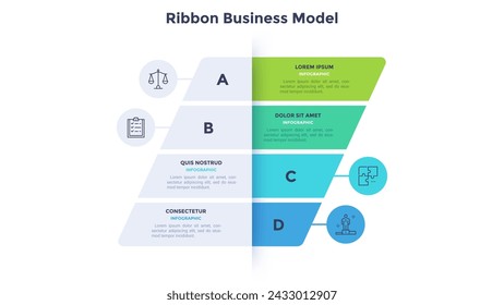 Four colorful rectangular elements, thin line pictograms, pointers and text boxes. Concept of trapezoid business model with 4 successive steps. Modern infographic design template. Vector illustration.