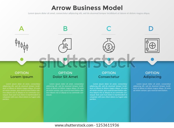 4つのカラフルな四角形のエレメント 細い線の絵文字 ポインタ テキストボックス 矢のビジネスモデルのコンセプトで 4つのステップが連続しています 最新のインフォグラフィックデザインテンプレート ベクターイラスト のベクター画像素材 ロイヤリティフリー