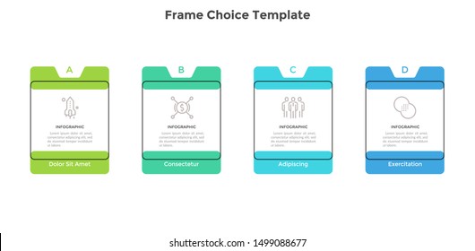 Four colorful rectangular frames or cards placed in horizontal row. Chart representing 4 stages of business strategy. Minimal infographic design template. Flat modern vector illustration for banner.