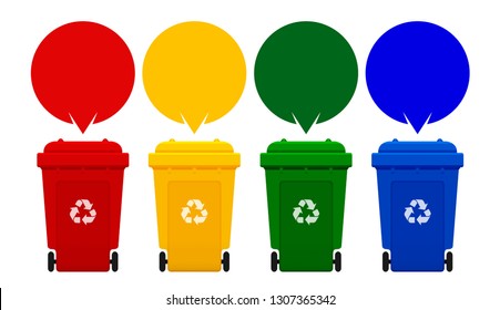 four colorful recycle bins isolated on white background, bin and speech bubbles for copy space template, red, yellow, green and blue bins with recycle waste symbol, front view four recycle bin, vector