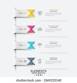 Four colorful ribbon-like bookmarks, thin line symbols and text boxes. Concept of list with 4 options to choose. Creative infographic design template. Vector illustration for presentation, report.