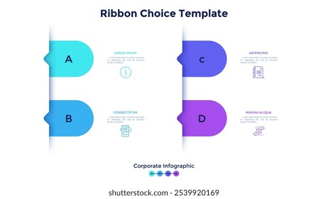Four colorful ribbon-like elements, tags or bookmarks. Concept of 4 options of startup project to choose. Corporate infographic design template. Simple flat vector illustration for data visualization.