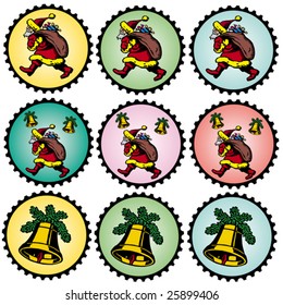 four colorful round badges with christmas decorations