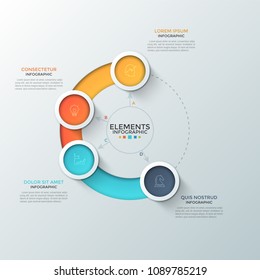 Four colorful round elements with linear symbols inside placed in circle and text boxes. Concept of circular slider for web interface. Infographic design template. Vector illustration for website.