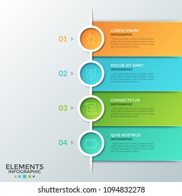 Four colorful round elements with linear pictograms inside, numbers and text boxes placed one below other. Concept of list or 4-stepped business plan. Infographic design layout. Vector illustration.