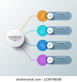 Four colorful round elements with linear symbols inside and text boxes connected to main circle. Concept of 4 successive steps of startup development. Infographic design template. Vector illustration.