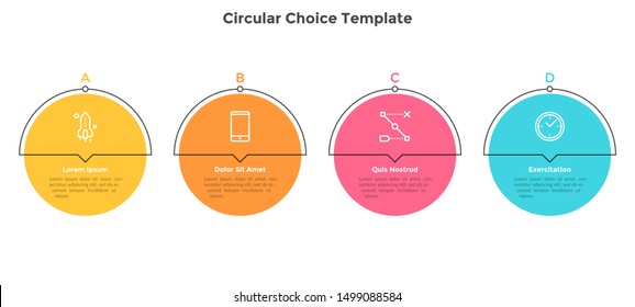 Four colorful round elements placed in horizontal row. Chart representing 4 milestones of business development. Simple infographic design template. Flat vector illustration for presentation, report.