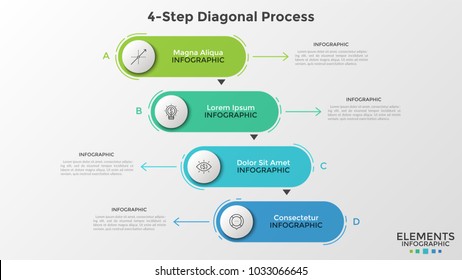 Four colorful rounded elements with thin line symbols inside arranged in diagonal pattern. Concept of list or website menu with 4 options to choose. Infographic design template. Vector illustration.