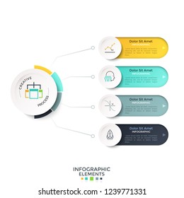 Four colorful rounded options or characteristics connected to main circular element by lines. Creative infographic design template. Vector illustration for project scheme, business presentation.