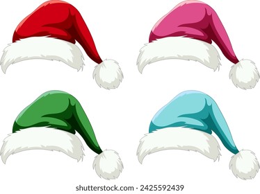 Four colorful Santa Claus hats illustration.