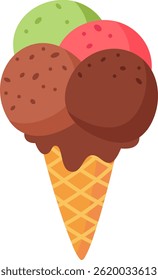 Four colorful scoops of ice cream, including chocolate, strawberry, pistachio, and coffee flavors, are melting and dripping onto a crispy waffle cone, creating a tempting summer treat