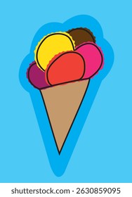 Four colorful scoops of ice cream, including yellow, brown, red, and pink, are stacked on a crispy cone against a vibrant blue backdrop, creating a delightful summer treat