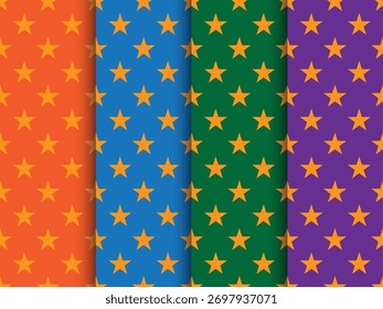 Cuatro patrones coloridos sin fisuras con estrellas doradas sobre fondos vibrantes naranja, azul, verde y púrpura. Diseño festivo brillante perfecto para envolver papel, Fondos de pantalla, textiles, decoración de fiesta.
