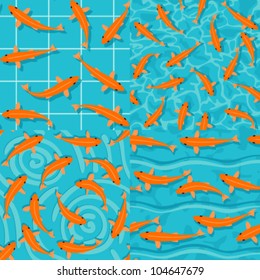 Four colorful seamless patterns with goldfish in water