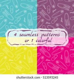Four colorful seamless patterns with the image of men's, women's and children's shoes