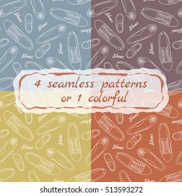 Four colorful seamless patterns with the image of men's, women's and children's shoes