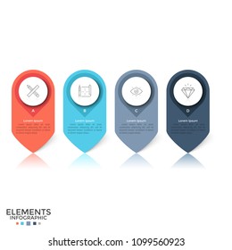 Four colorful separate rounded elements with linear symbols, letters and place for text inside. Concept of 4 pins or marks. Creative infographic design template. Vector illustration for brochure.