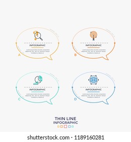 Four colorful separate speech bubbles or balloons with thin line icons and place for text inside. Concept of 4 messages. Linear infographic design template. Modern vector illustration for website.