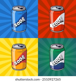 Four Colorful Soda Cans on a Pop Art Background