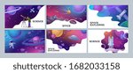 Four colorful Space and Science poster designs showing an astronomer, spaceman rocket, planets, satellite and lunar landing, vector illustration