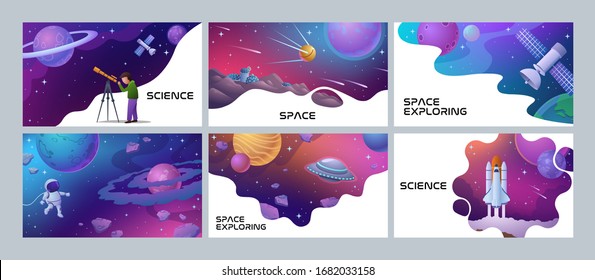 Four colorful Space and Science poster designs showing an astronomer, spaceman rocket, planets, satellite and lunar landing, vector illustration