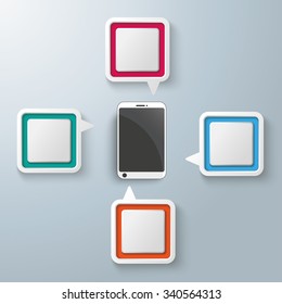 Four colorful speech bubbles with a smartphone centre on the gray background. Eps 10 vector file.