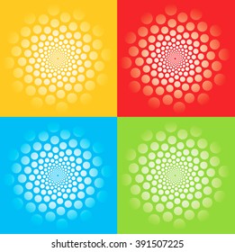 Four colorful spirals.
Four  colorful backgrounds with illusion of rotation movement and spirals. Vector available. 
