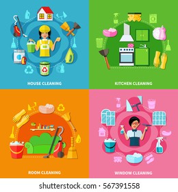 Four Colorful Square Backgrounds With Image Compositions Of Cleaning Facilities Washing Agents Characters Doodle Style Icons Vector Illustration