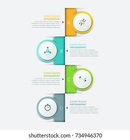 Four colorful staggered elements with letters and thin line symbols inside placed into vertical row. Concept of 4 successive steps. Infographic design template. Vector illustration for web interface.